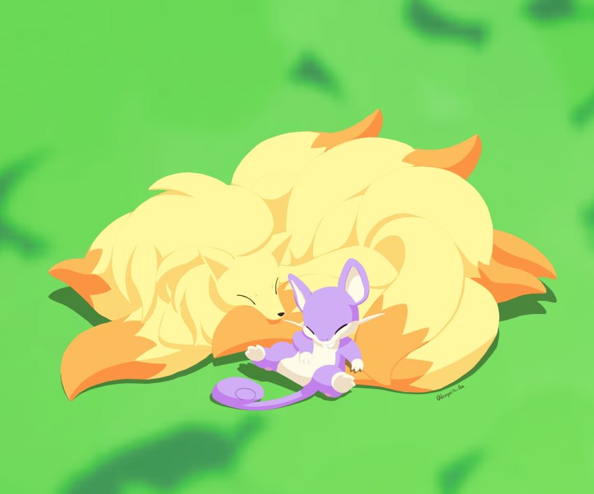 absurd_res ambiguous_gender duo eyes_closed feral generation_1_pokemon grass hi_res kompeito lying multi_tail nap ninetales nintendo on_back on_front outside plant pokemon pokemon_(species) rattata sleeping tail teeth