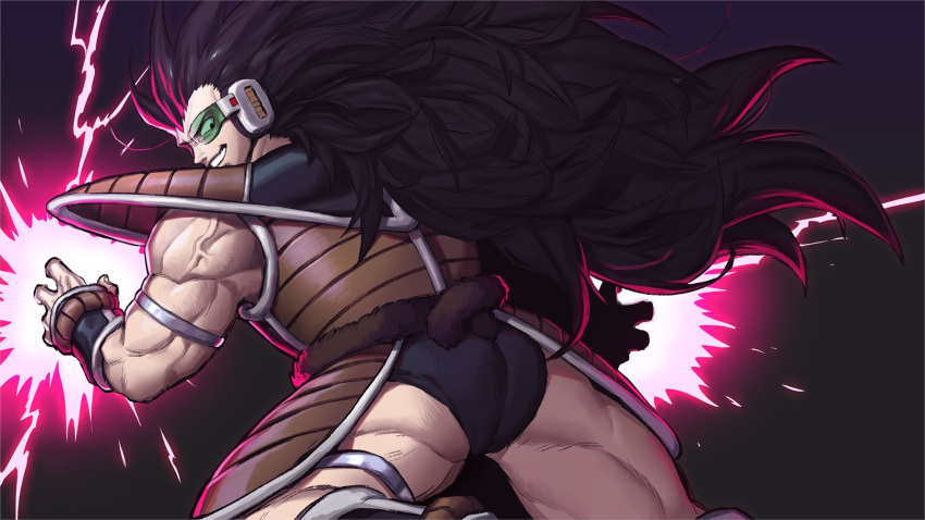1boy bara black_hair dragon_ball dragon_ball_z energy evil_smile from_behind highres long_hair looking_back male_focus male_underwear_lift monkey_tail muscular muscular_male no_alert2038 raditz red_lightning saiyan saiyan_armor scouter smile solo spiked_hair tail thick_eyebrows thick_thighs thighs veins veiny_arms