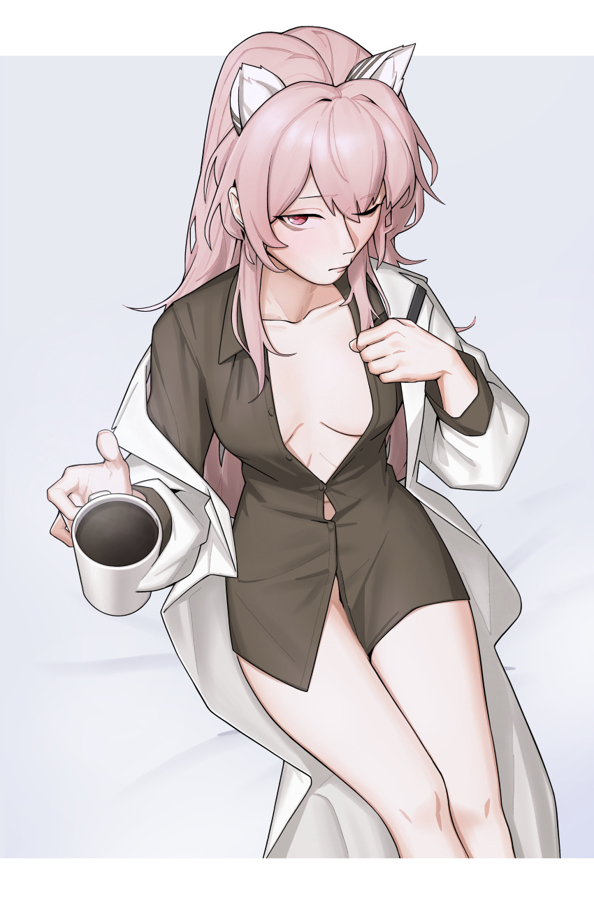 1girl absurdres animal_ears black_shirt breasts cat_ears cat_girl coat coffee_mug cup emile_aoi error extra_ears feet_out_of_frame girls'_frontline highres holding holding_cup long_hair looking_at_viewer mug no_panties off_shoulder one_eye_closed open_clothes open_coat partially_unbuttoned persica_(girls'_frontline) pink_eyes pink_hair shirt small_breasts solo white_coat