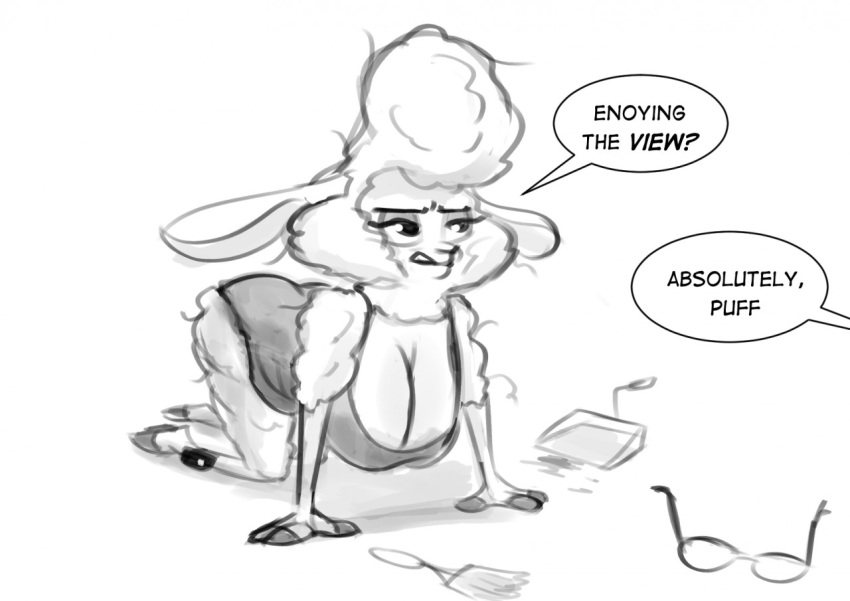 ankle_monitor anthro big_breasts big_ears bluedouble bovid breasts caprine cleavage clothed clothing dawn_bellwether disney dress dustpan eyewear female fur glasses hanging_breasts hooves mammal sheep solo speech_bubble unimpressed wool_(fur) zootopia