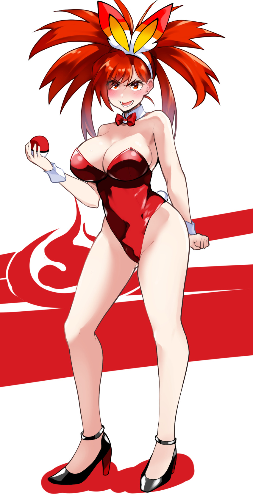 1girl absurdres animal_ears bare_shoulders black_footwear blush bow_choker breasts cleavage covered_navel fake_animal_ears fake_tail flannery_(pokemon) full_body high_heels highres holding holding_poke_ball large_breasts leotard long_hair looking_at_viewer lower_teeth_only open_mouth playboy_bunny poke_ball pokemon pokemon_(game) pokemon_oras rabbit_ears rabbit_tail red_eyes red_hair red_leotard simple_background solo strapless strapless_leotard tail teeth tetsuji_(i_ttj_f_c) wrist_cuffs