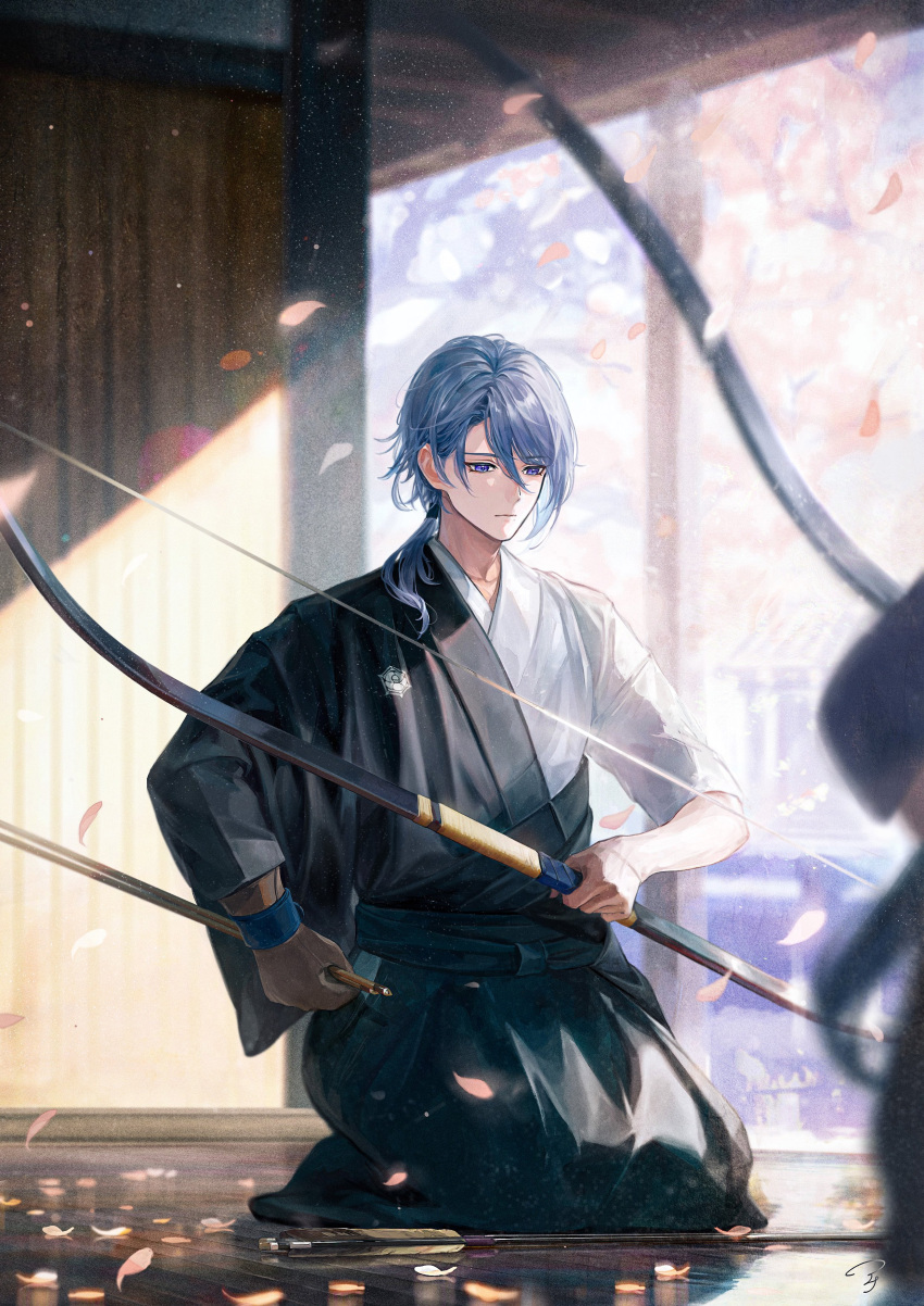 1boy absurdres anna_(drw01) archery archery_dojo arrow_(projectile) blue_eyes blue_hair bow_(weapon) cherry_blossoms falling_petals genshin_impact gloves hakama highres holding holding_arrow holding_bow_(weapon) holding_weapon japanese_clothes kamisato_ayato kneeling kyuudou light_blue_hair partially_fingerless_gloves petals single_glove solo tasuki weapon yugake yumi_(bow)