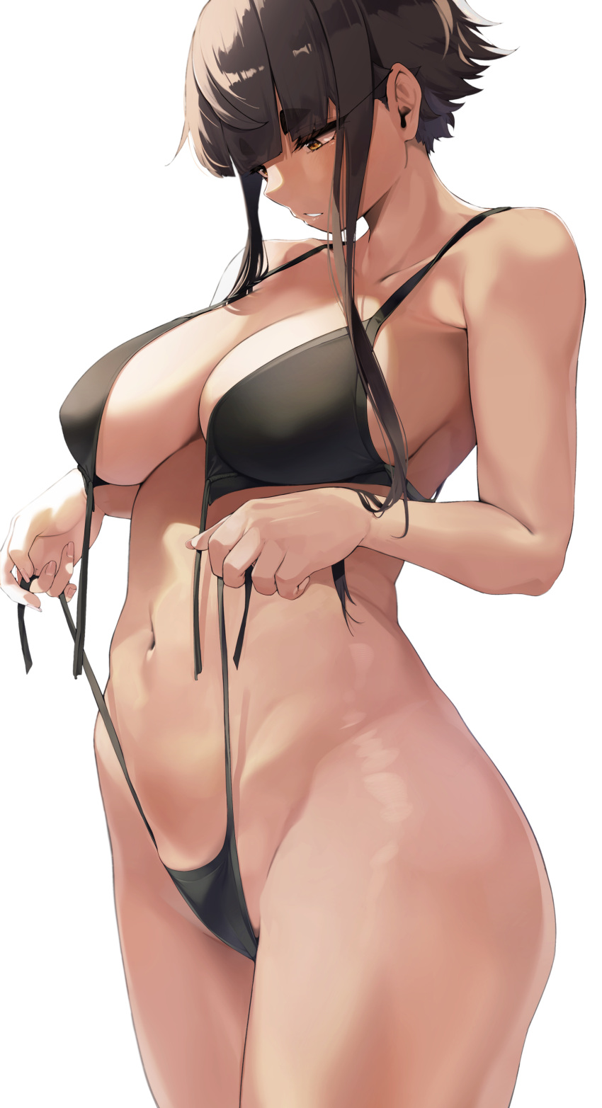 1girl absurdres bare_arms bare_shoulders bikini black_bikini breasts brown_eyes brown_hair commentary_request highres jovejun large_breasts looking_down navel original sidelocks simple_background solo stomach swimsuit thighs tsubomioka_happa untied_bikini white_background