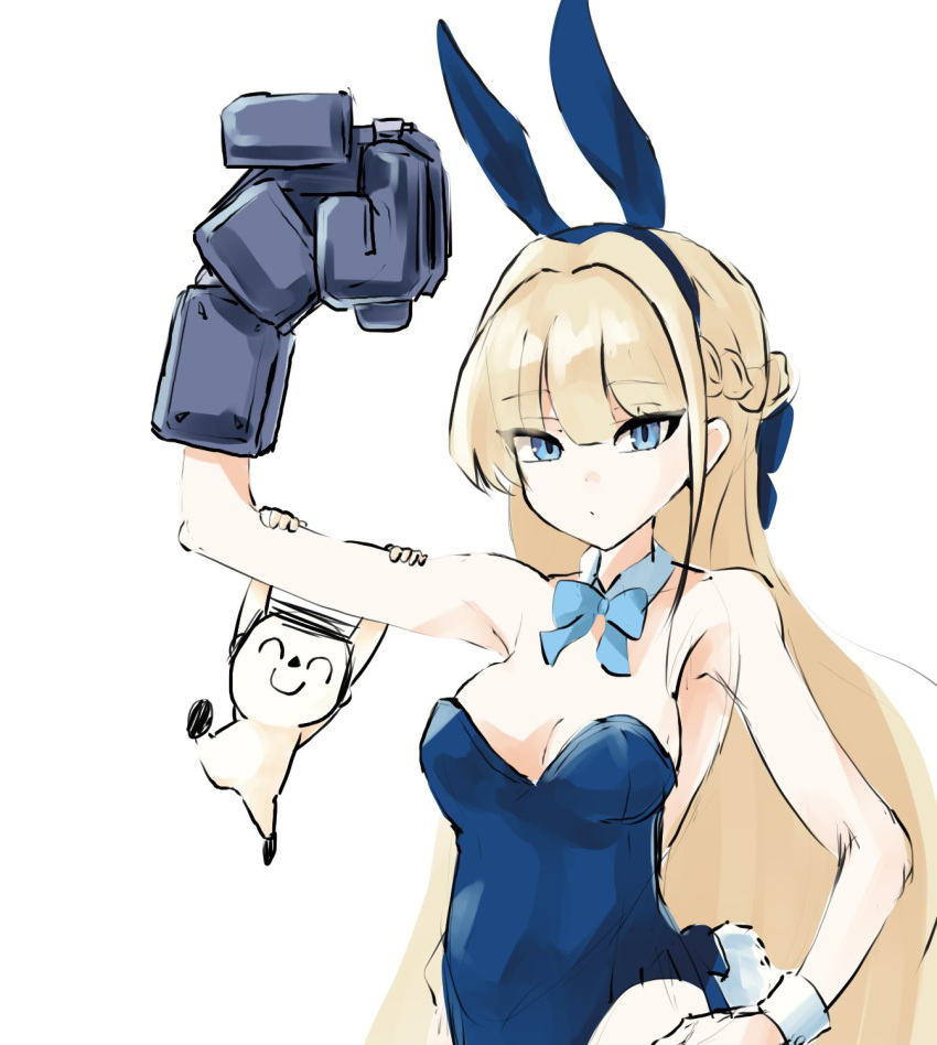 1boy 1girl animal_ears arm_up arona's_sensei_doodle_(blue_archive) arutimetto_sensei bare_shoulders blonde_hair blue_archive blue_bow blue_eyes blue_leotard bow braid breasts closed_mouth collar collarbone commentary_request detached_collar fake_animal_ears hair_intakes highres leotard long_hair looking_at_viewer medium_breasts playboy_bunny power_fist rabbit_ears rabbit_tail sensei_(blue_archive) simple_background strapless strapless_leotard tail toki_(blue_archive) toki_(bunny)_(blue_archive) very_long_hair white_background white_collar wing_collar wrist_cuffs
