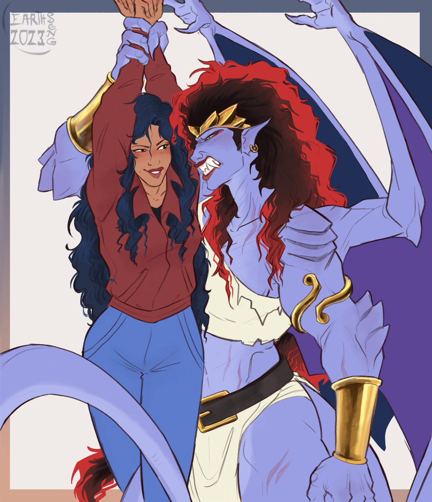 absurd_res anthro armor better_version_at_source bottomwear bracers clothed clothing crown demona_(gargoyles) disney duo earthsong9405 elisa_maza_(gargoyles) female female/female gargoyle gargoyles hair headgear hi_res human jacket long_hair mammal pants red_hair signature simple_background teeth topwear