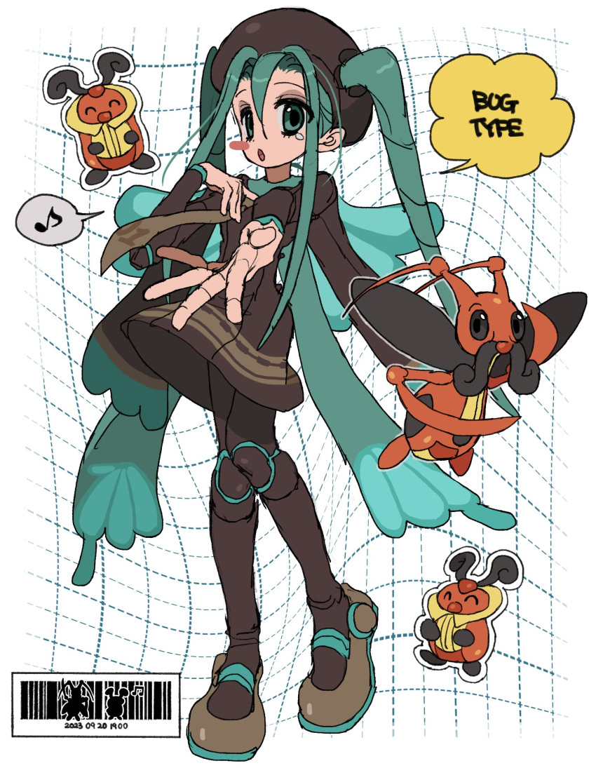 1girl barcode black_pantyhose blue_hair blue_wings brown_dress brown_headwear bug_miku_(project_voltage) butterfly_wings closed_eyes dress eyeshadow fake_wings full_body grey_eyeshadow grey_footwear hair_between_eyes hair_through_headwear hat hatsune_miku highres jwnn kricketot kricketune long_hair long_sleeves looking_at_viewer makeup open_mouth outstretched_arm pantyhose pokemon pokemon_(creature) project_voltage shoes solo speech_bubble standing twintails very_long_hair vocaloid white_background wings