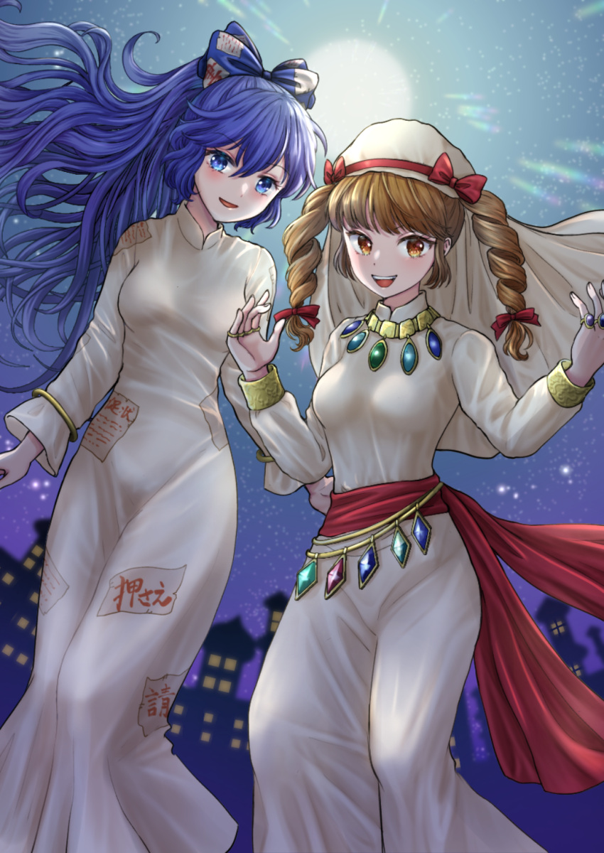 2girls alternate_costume belt blue_hair bow breasts debt dress drill_hair floating_hair hair_bow height_difference highres jewelry kyabekko long_dress long_hair long_sleeves multiple_girls necklace orange_hair red_belt ring siblings sisters sky small_breasts star_(sky) starry_sky touhou twin_drills white_dress yorigami_jo'on yorigami_shion