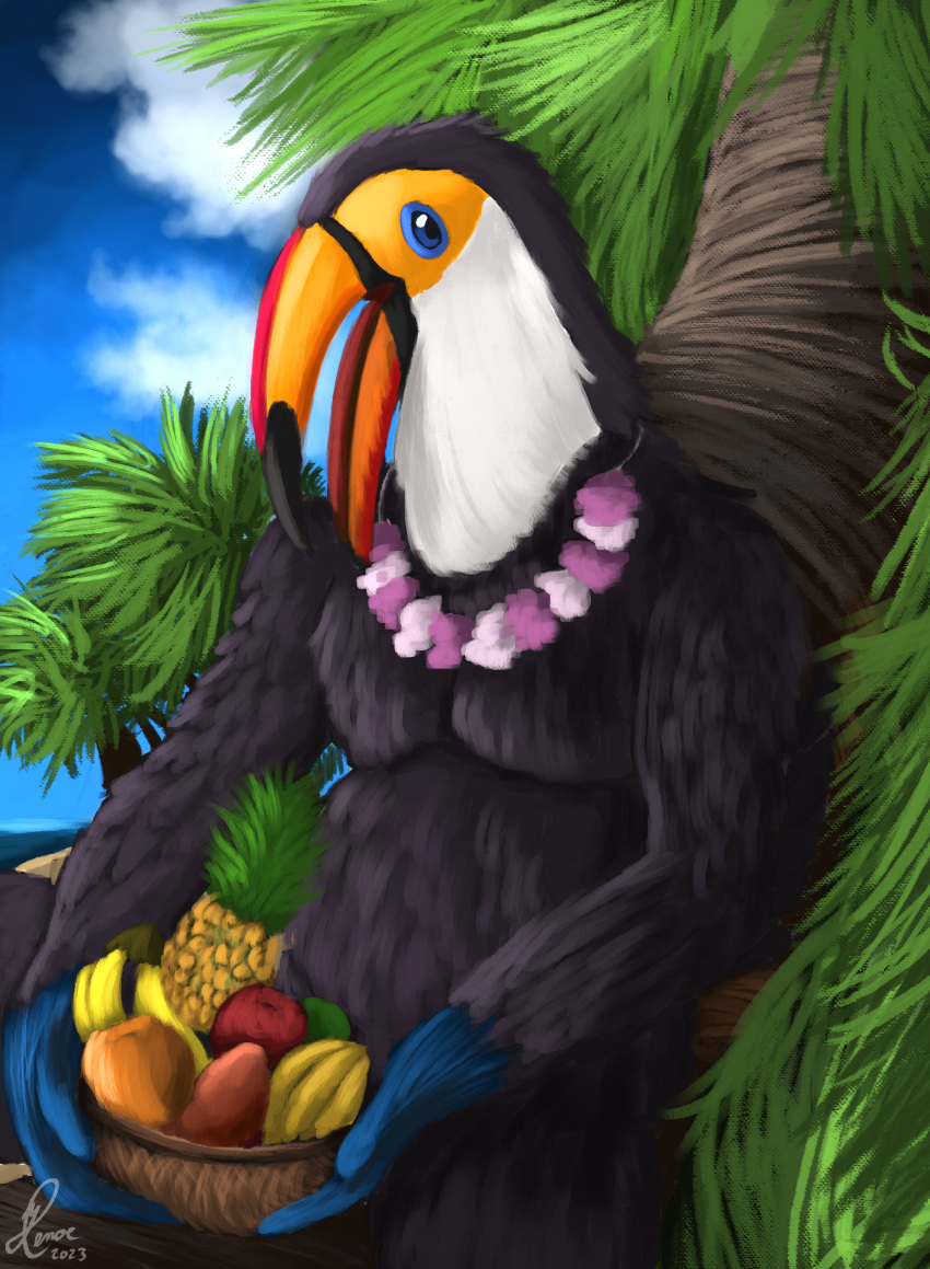 absurd_res anthro avian banana beach bird birdtember bowl chubby_male cloud container food fruit hi_res island leaf lei lime male mango orange palm_tree pineapple plant sand sea seaside sitting sky solo starfruit toucan tree tropical water yenocwolf