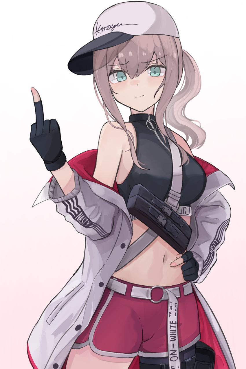 1girl absurdres aqua_eyes ar-57 ar-57_(girls'_frontline) bare_shoulders belt black_gloves breasts brown_hair crop_top fingerless_gloves gamryous girls'_frontline gloves hand_on_own_hip hat highres jacket long_hair medium_breasts middle_finger navel open_clothes open_jacket ponytail short_shorts shorts solo white_headwear