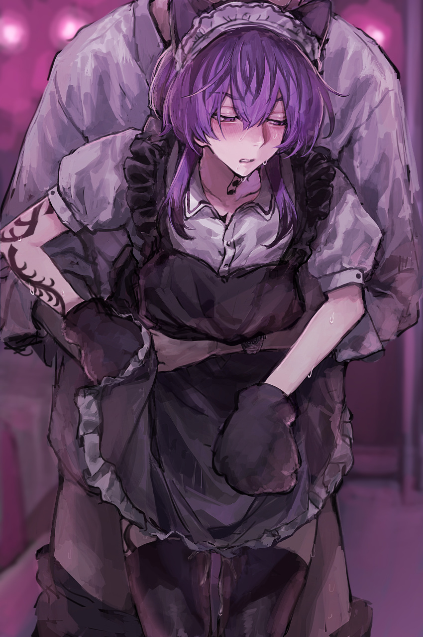 2boys animal_ears animal_hands apron arm_around_waist arm_tattoo black_apron black_thighhighs blush cat_ears crossdressing cum cum_on_legs cumdrip facing_viewer frilled_apron frills gloves hair_between_eyes haitani_rindou half-closed_eyes highres jiz_(pffbq) looking_to_the_side maid_apron maid_headdress male_focus multiple_boys otoko_no_ko parted_lips paw_gloves puffy_short_sleeves puffy_sleeves purple_eyes purple_hair sex sex_from_behind shirt short_sleeves skirt sweat tattoo thighhighs tokyo_revengers white_shirt white_skirt yaoi