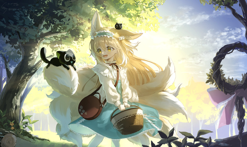 1girl absurdres animal_ear_fluff animal_ears aqua_hairband arknights bag basket black_cat blonde_hair blunt_ends blush brown_bag cardigan cat commentary_request crossover day feet_out_of_frame fox_ears fox_girl fox_tail frilled_hairband frills hair_between_eyes hair_ornament hair_scrunchie hairband handbag heixiu high-waist_skirt highres holding holding_basket kitsune kyuubi long_hair long_sleeves luo_xiaohei luo_xiaohei_zhanji multicolored_hair multiple_tails neck_ribbon official_alternate_costume on_head open_cardigan open_clothes open_mouth outdoors puffy_long_sleeves puffy_sleeves red_ribbon ribbon scrunchie sekai_noto shirt shoulder_bag sidelocks skirt sleeve_cuffs solo spring_(season) stitches suzuran_(arknights) suzuran_(spring_praise)_(arknights) tail two-tone_hair white_cardigan white_hair white_shirt yellow_eyes