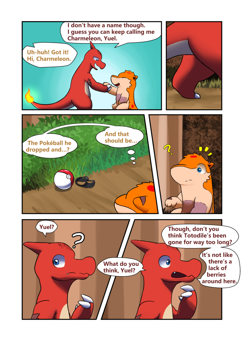 charmeleon comic darrow0 english_text fire forest generation_1_pokemon generation_2_pokemon hi_res nintendo p.r.o._pokeball plant pokeball pokemon pokemon_(species) quilava speech_bubble text tree video_games yuel