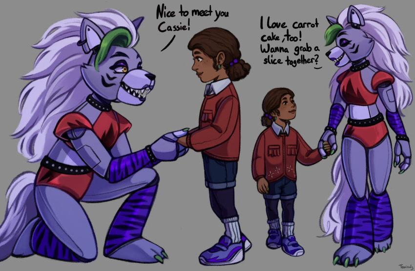 animatronic anthro bracelet cassie_(fnaf) clothed clothing collar duo ear_piercing english_text eye_contact eyes_closed female five_nights_at_freddy's five_nights_at_freddy's:_security_breach hand_holding hi_res holding_another's_arm human jewelry kneeling looking_at_another machine mammal on_one_knee open_mouth piercing robot roxanne_wolf_(fnaf) scottgames smile steel_wool_studios text tonixaly