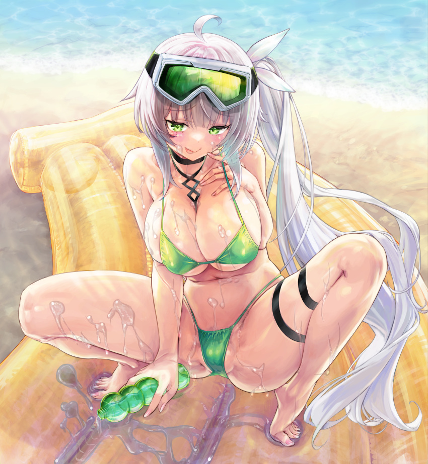 1girl absurdres ahoge air_mattress barefoot bikini breasts cameltoe cleavage commission feet green_bikini green_eyes grey_hair hair_ornament highres indie_virtual_youtuber kiyama_satoshi large_breasts legs long_hair looking_at_viewer lotion micro_bikini rimuchi_(virtual_youtuber) side_ponytail skeb_commission smile solo spread_legs squatting swimsuit tiptoes toenails toes tongue tongue_out virtual_youtuber