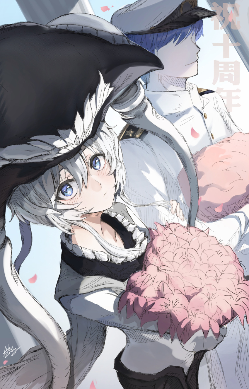 1boy 1girl absurdres abyssal_ship admiral_(kancolle) alexzhang blue_eyes blush bodysuit breasts cape flower gloves grey_hair headgear highres kantai_collection military military_uniform naval_uniform pale_skin petals revision short_hair uniform white_bodysuit wo-class_aircraft_carrier