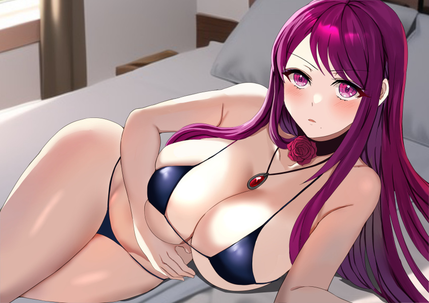 1girl absurdres alternate_costume bare_shoulders bed bed_sheet bikini blue_bikini blush breasts choker cleavage fire_emblem fire_emblem_engage flower highres ivy_(fire_emblem) jewelry large_breasts long_hair looking_at_viewer lying mole mole_under_mouth necklace on_side parted_lips purple_eyes purple_hair rose sidelocks skindentation solo string_bikini swimsuit tara_(szzj7733) thighs