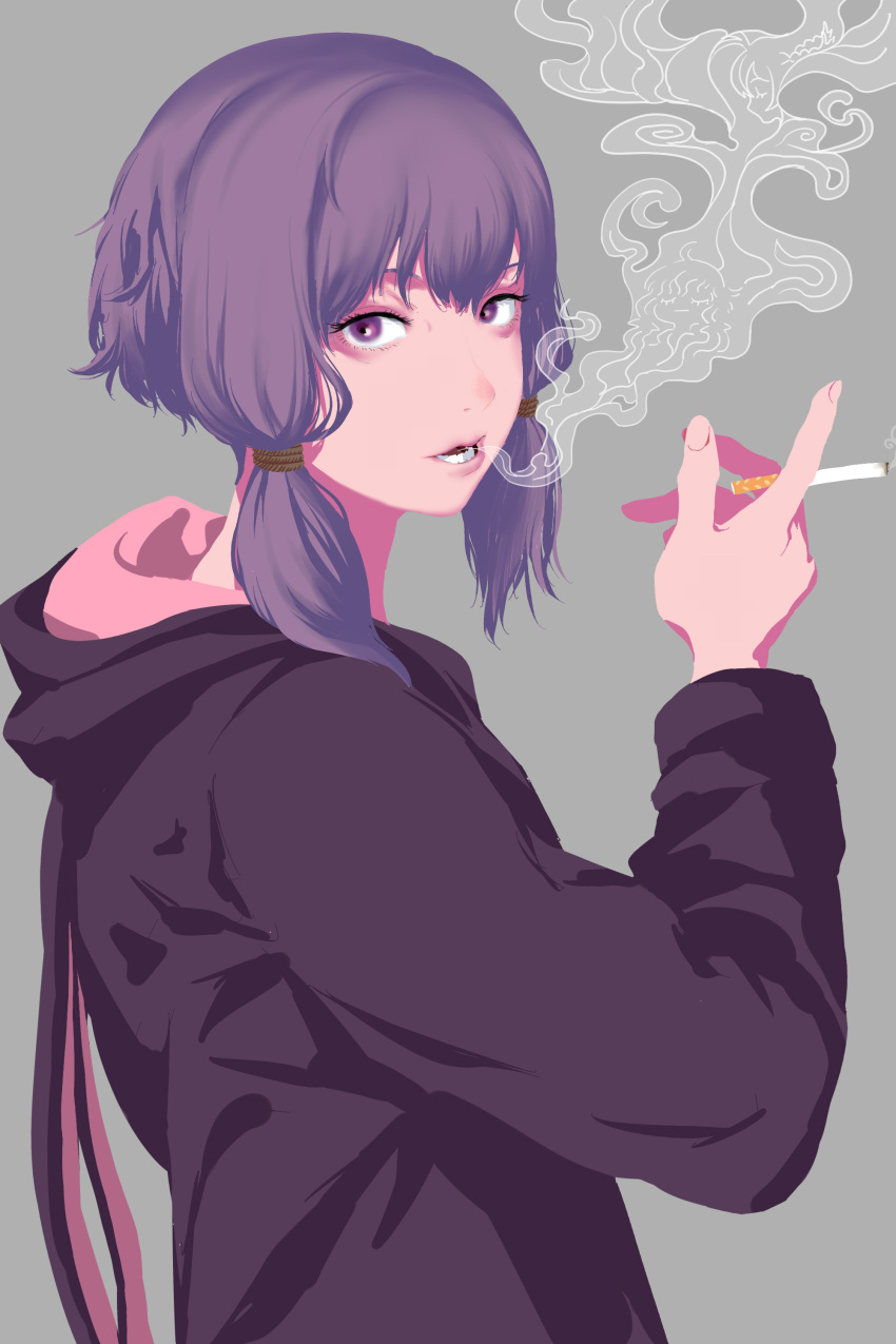 1girl absurdres animal_hood between_fingers cigarette commentary_request from_side grey_background hair_tie hand_up highres holding holding_cigarette hood hood_down hoodie index_finger_raised looking_at_viewer looking_to_the_side open_mouth pink_hoodie purple_eyes purple_hair purple_hoodie rabbit_hood short_hair_with_long_locks simple_background smoke_from_mouth smoking solo textless_version tmasyumaro tsurumaki_maki two-tone_hoodie upper_body vocaloid voiceroid yuzuki_yukari