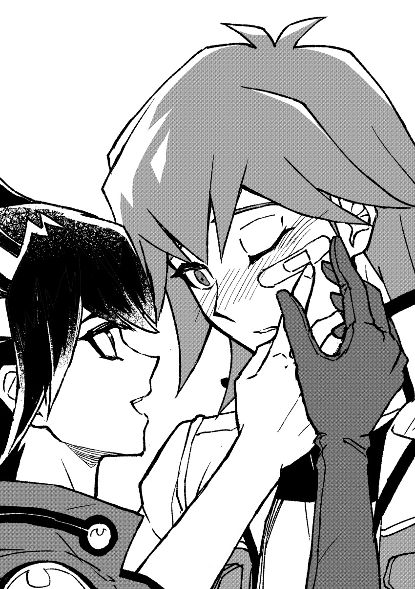 2boys absurdres bandaid bandaid_on_face black_hair blush couple facing_to_the_side gloves greyscale hand_on_another's_face hand_to_own_face high_collar highres jacket looking_at_another male_focus monochrome multiple_boys one_eye_closed open_mouth parted_lips screentones shirt short_hair simple_background smile standing upper_body yaoi youko-shima yu-gi-oh! yu-gi-oh!_5d's