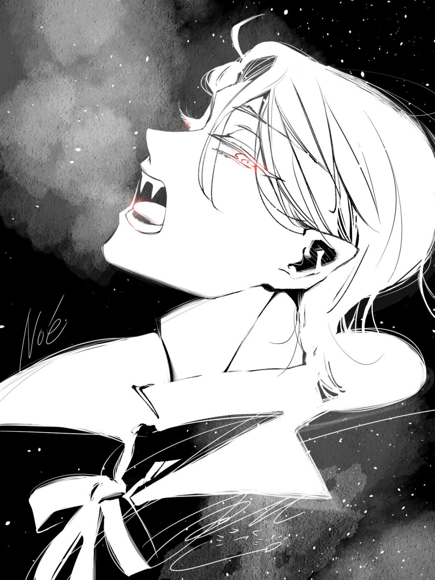 1boy ahoge black_background blending cape character_name eyelashes facing_up fangs from_side greyscale hair_slicked_back high_collar highres light_particles looking_at_viewer male_focus mochizuki_jun monochrome neck_ribbon noe_archiviste open_mouth pointy_ears portrait profile red_eyes ribbon short_hair sideways_glance signature solo spot_color teeth vampire vanitas_no_carte