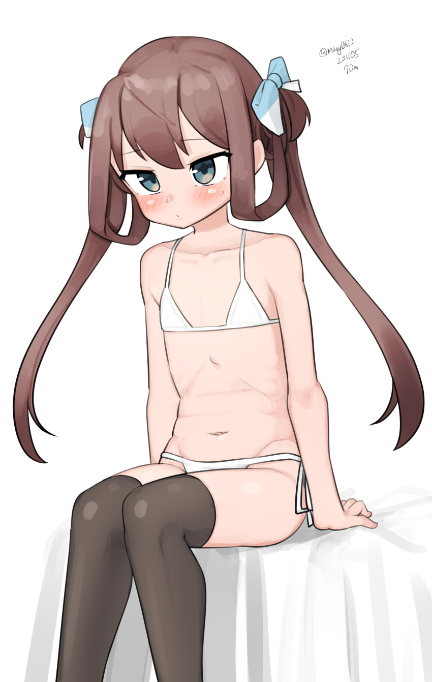 1girl absurdres asagumo_(kancolle) bikini black_thighhighs brown_hair feet_out_of_frame flat_chest grey_eyes hair_ribbon hair_rings highres kantai_collection long_hair maru_(marg0613) one-hour_drawing_challenge ribbon side-tie_bikini_bottom simple_background solo swimsuit thighhighs twintails white_background white_bikini