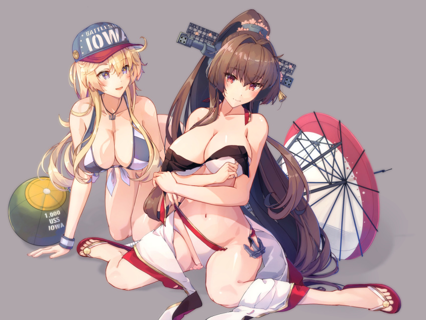 2girls all_fours anchor_necklace ball beachball bikini bikini_tug blonde_hair blue_eyes breasts brown_hair cleavage closed_mouth collarbone crossed_arms embarrassed flip-flops flower grey_background hair_between_eyes hair_flower hair_ornament halterneck himeyamato iowa_(kancolle) jewelry kantai_collection large_breasts long_hair looking_at_another looking_at_viewer multiple_girls navel necklace ponytail sandals sidelocks simple_background smile star-shaped_pupils star_(symbol) swimsuit symbol-shaped_pupils umbrella untied_bikini wristband yamato_(kancolle) yamato_kai_ni_(kancolle)