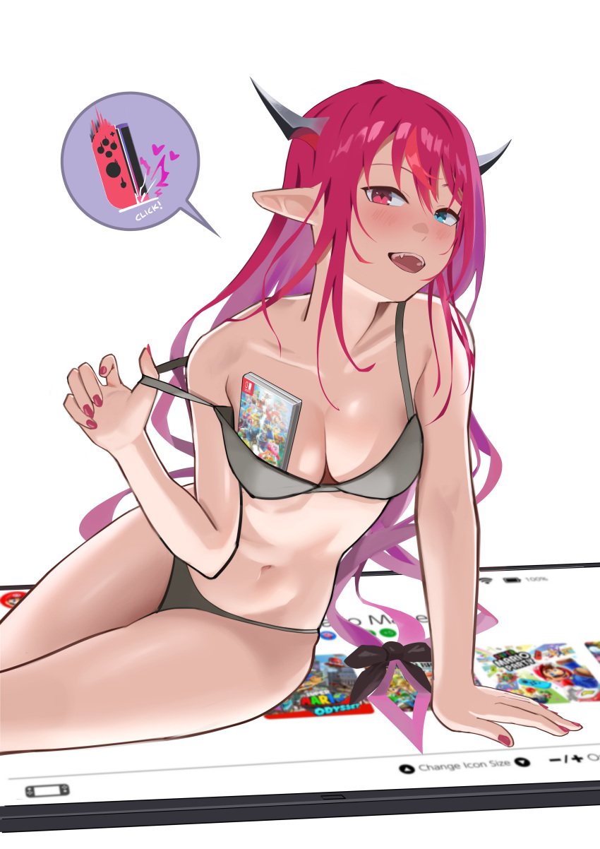 1girl absurdres aqua_eyes arm_support bra breasts cleavage clothes_pull controller english_commentary fangs fingernails game_controller hand_up handheld_game_console heart heterochromia highres hololive hololive_english horns irys_(hololive) joy-con leaning_to_the_side light_smile long_hair looking_at_viewer medium_breasts nail_polish navel nintendo_switch open_mouth panties parted_bangs pointy_ears pulled_by_self red_eyes red_hair red_nails sexually_suggestive shift_(shiftillust) simple_background sitting solo stomach strap_pull teasing twisted_torso underwear underwear_only undressing very_long_hair virtual_youtuber white_background