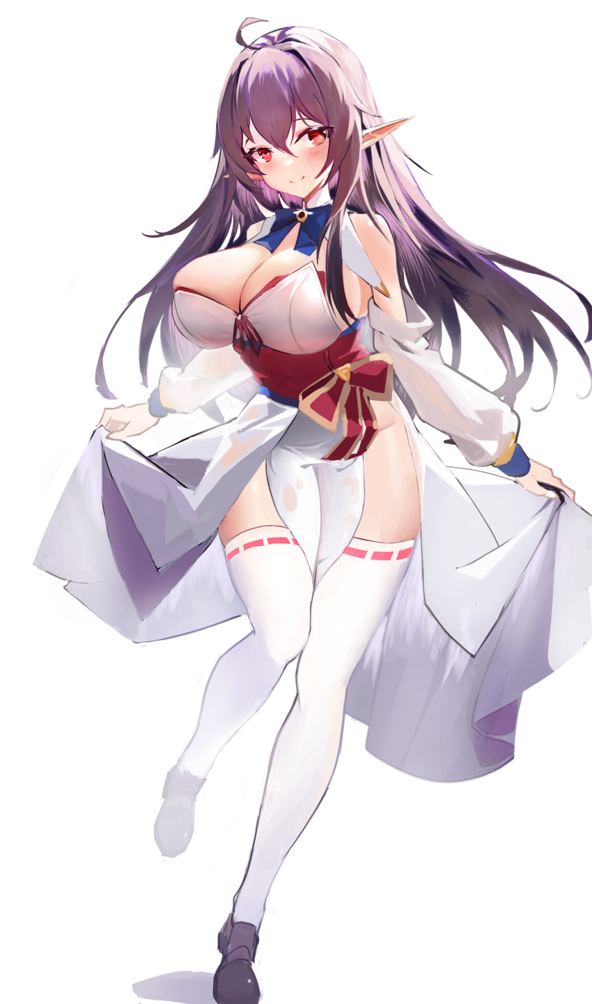 1girl absurdres afindex ahoge black_hair breasts cleavage closed_mouth commentary dress elf full_body highres large_breasts long_hair looking_at_viewer original pelvic_curtain pointy_ears red_eyes sash simple_background smile standing standing_on_one_leg thighhighs white_background white_dress white_thighhighs