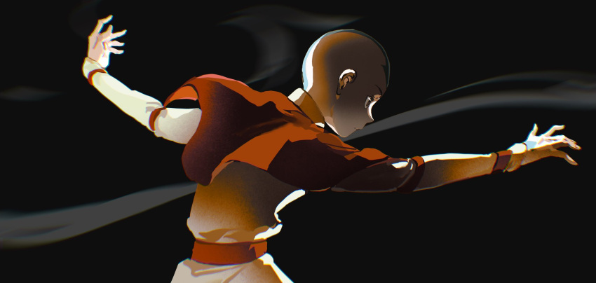 1boy aang avatar:_the_last_airbender avatar_legends backlighting bald black_background brown_eyes capelet closed_mouth fighting_stance floating_clothes from_side hand_tattoo head_tattoo highres long_sleeves looking_ahead male_focus mimulishizi orange_capelet outstretched_arms profile sash simple_background solo tattoo upper_body wind