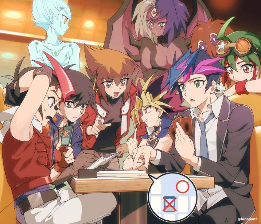 1other 6+boys arm_behind_head black_hair blonde_hair brown_eyes brown_hair card character_request clenched_teeth commentary_request crossed_legs eye_contact eyewear_on_head fudou_yuusei fujiki_yuusaku green_eyes green_hair heterochromia highres holding holding_card indoors jacket looking_at_another lunapont male_focus multicolored_hair multiple_boys necktie open_clothes open_jacket playing_card purple_eyes purple_hair red_hair sakaki_yuuya shirt sitting smile table teeth tsukumo_yuuma two-tone_hair yami_yuugi yu-gi-oh! yu-gi-oh!_5d's yu-gi-oh!_arc-v yu-gi-oh!_duel_monsters yu-gi-oh!_gx yu-gi-oh!_vrains yu-gi-oh!_zexal yubel yuuki_juudai