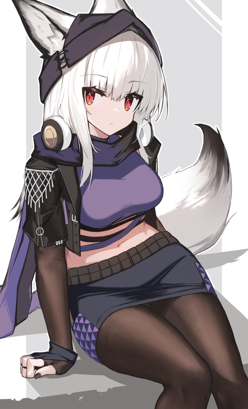 1girl absurdres animal_ears arknights beanie black_headwear black_jacket black_nails black_skirt breasts brown_gloves brown_pantyhose closed_mouth crop_top cropped_jacket ears_through_headwear elbow_gloves feet_out_of_frame fingerless_gloves fox_ears fox_girl fox_tail frostleaf_(arknights) frostleaf_(breaking_the_ice)_(arknights) gloves grey_background hat headphones headphones_around_neck highres jacket long_hair looking_at_viewer medium_breasts midriff nail_polish navel open_clothes open_jacket pantyhose red_eyes short_sleeves sidelocks sitting skirt solo tail two-tone_background white_background white_hair yki