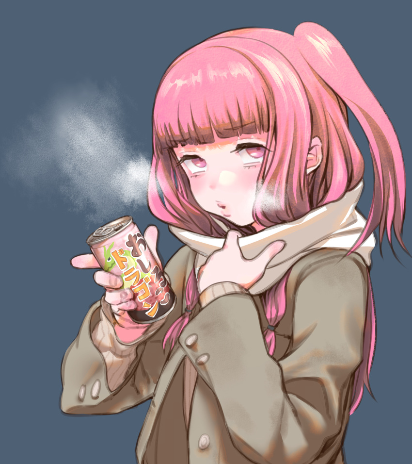 1girl blush breath brown_coat can coat cold commentary_request cropped enpera furrowed_brow grey_background hands_up highres holding holding_can incoming_drink kotonoha_akane lips long_hair looking_at_viewer one_side_up open_clothes open_coat open_mouth pink_eyes pink_hair ribbed_sweater scarf scarf_pull shiruko_(food) sidelocks simple_background solo sweater tmasyumaro translation_request upper_body upturned_eyes voiceroid white_scarf white_sweater