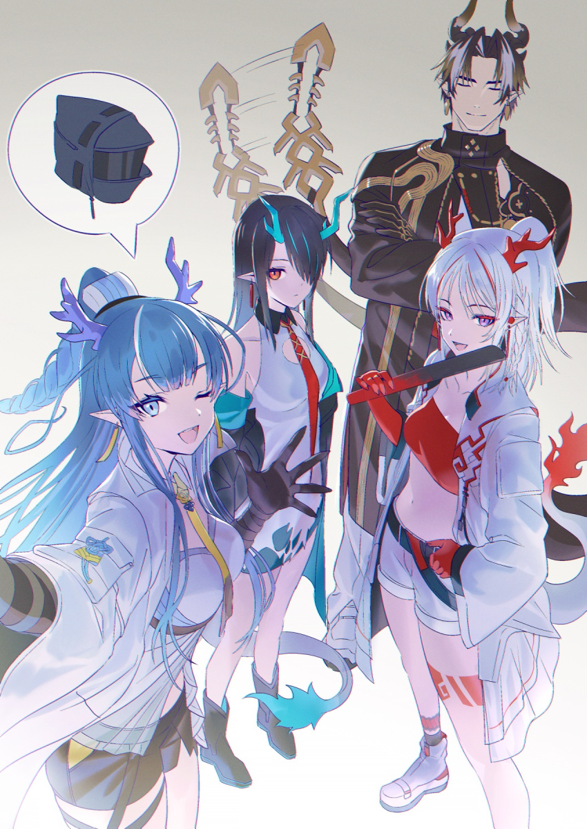 1boy 3girls arknights bare_shoulders black_coat black_gloves black_hair black_shorts blue_eyes blue_hair breasts chong_yue_(arknights) closed_eyes closed_mouth coat doctor_(arknights) dragon_boy dragon_girl dragon_horns dragon_tail dress dusk_(arknights) earrings fiery_tail flame-tipped_tail gloves green_horns hair_over_one_eye highres horns imone_illust jewelry ling_(arknights) long_hair long_tail looking_at_viewer multicolored_hair multiple_girls necktie nian_(arknights) one_eye_closed open_clothes open_mouth pants pointy_ears purple_eyes red_eyes red_necktie shorts smile streaked_hair tail very_long_hair white_dress white_hair white_pants white_shorts yellow_necktie