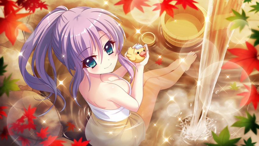 1girl autumn_leaves blue_eyes blurry blurry_foreground breasts bucket cleavage closed_mouth dot_nose downblouse film_grain from_above from_behind game_cg high_ponytail holding izumi_tsubasu lens_flare long_hair looking_at_viewer medium_breasts naked_towel non-web_source official_art partially_submerged purple_hair re:stage! rock rubber_duck sidelocks sitting smile solo sparkle towel tsukisaka_sayu white_towel wooden_bucket