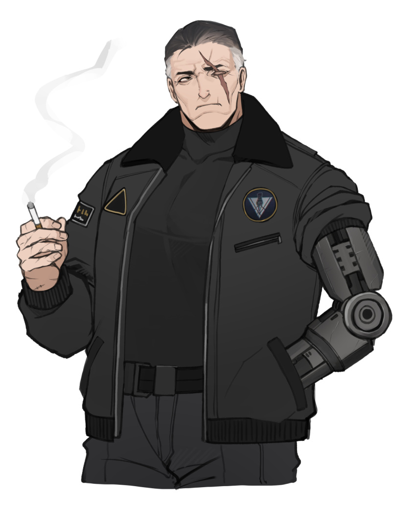 1boy armored_core armored_core_6 belt black_hair black_jacket black_pants black_shirt cigarette english_commentary grey_hair hand_in_pocket handler_walter highres holding holding_cigarette jacket kyou_(ningiou) light_frown mechanical_arms multicolored_hair open_clothes open_jacket pants scar scar_across_eye scar_on_face shirt simple_background single_mechanical_arm skin_tight smoke solo upper_body white_background