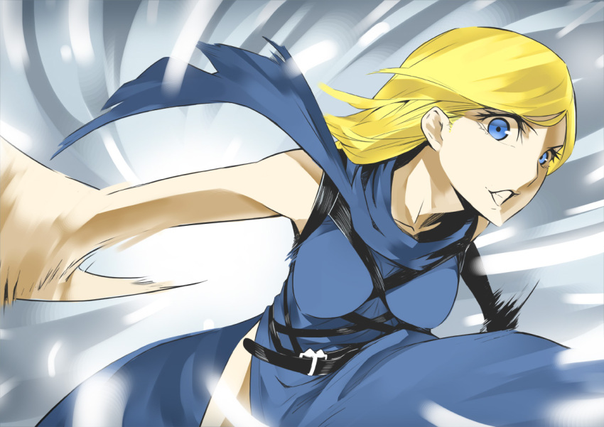 1girl 404_(artist) bare_shoulders belt black_belt blue_dress blue_eyes breasts clenched_teeth commentary_request dress grey_background large_breasts leather_belt looking_at_viewer medium_hair motion_blur punching saflee_opendays sleeveless sleeveless_dress solo teeth toaru_majutsu_no_index toaru_majutsu_no_index:_new_testament upper_body