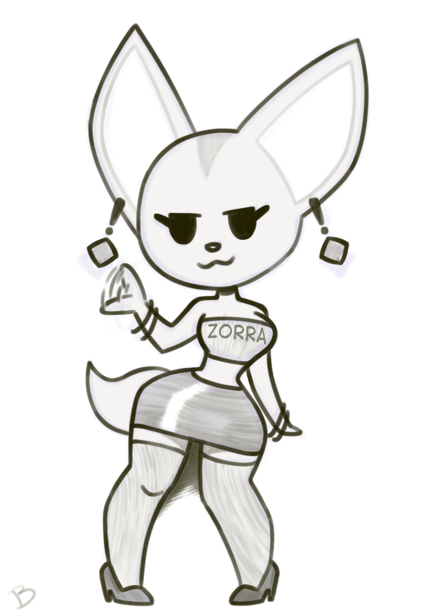 aggretsuko anthro bedroom_eyes big_breasts black_eyes bottomwear breasts canid canine clothing curvy_figure ear_piercing female fennec fenneko fluffy fluffy_tail footwear fox gesture hi_res high_heels hourglass_figure huge_ears legwear mammal miniskirt monochrome motion_lines narrowed_eyes piercing questionable_clothing roger_bacon sanrio seductive short_stack short_tail skirt small_waist solo spanish_text tail text thick_thighs thigh_highs topwear tube_top waving waving_at_viewer wide_hips wristband