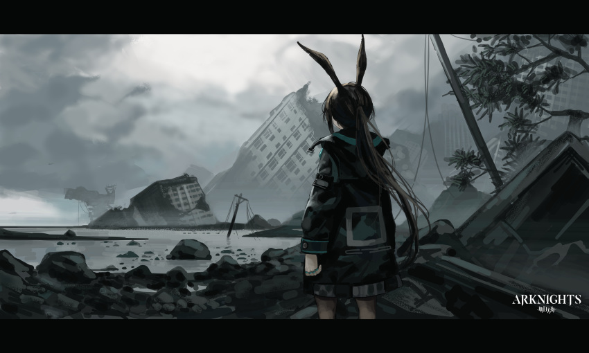1girl absurdres amiya_(arknights) animal_ears arknights black_jacket brown_hair building cloud cloudy_sky commentary copyright_name day facing_away from_behind highres hood hooded_jacket jacket jewelry kyoko_(zeprii4) letterboxed long_hair long_sleeves multiple_rings muted_color outdoors ponytail rabbit_ears rabbit_girl ring rock ruins scenery sky solo standing tree utility_pole very_long_hair water wide_shot