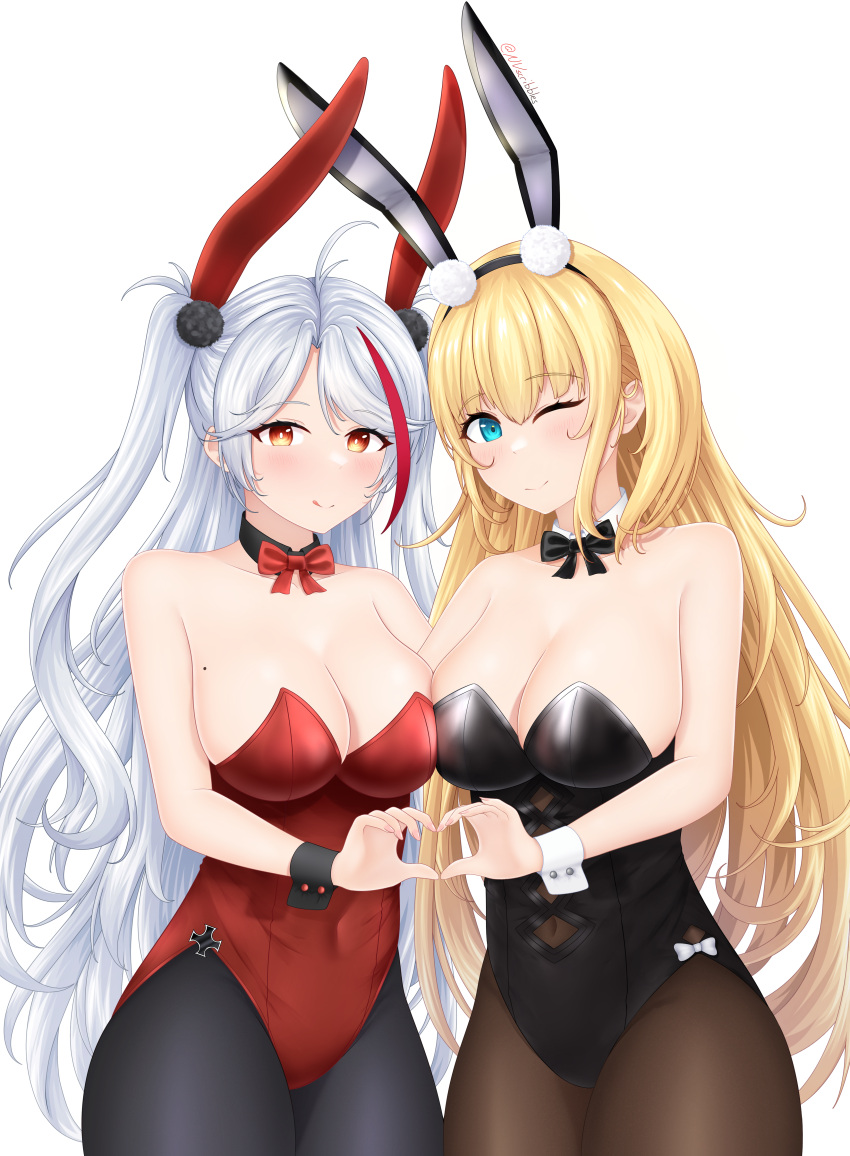 2girls absurdres alternate_costume azur_lane bow bowtie breasts center_opening cleavage cowboy_shot cross english_commentary heart heart_hands highres iron_cross large_breasts leotard long_hair multiple_girls nights_viper north_carolina_(azur_lane) north_carolina_(the_heart's_desire)_(azur_lane) official_alternate_costume pantyhose playboy_bunny prinz_eugen_(azur_lane) simple_background strapless strapless_leotard white_background wrist_cuffs