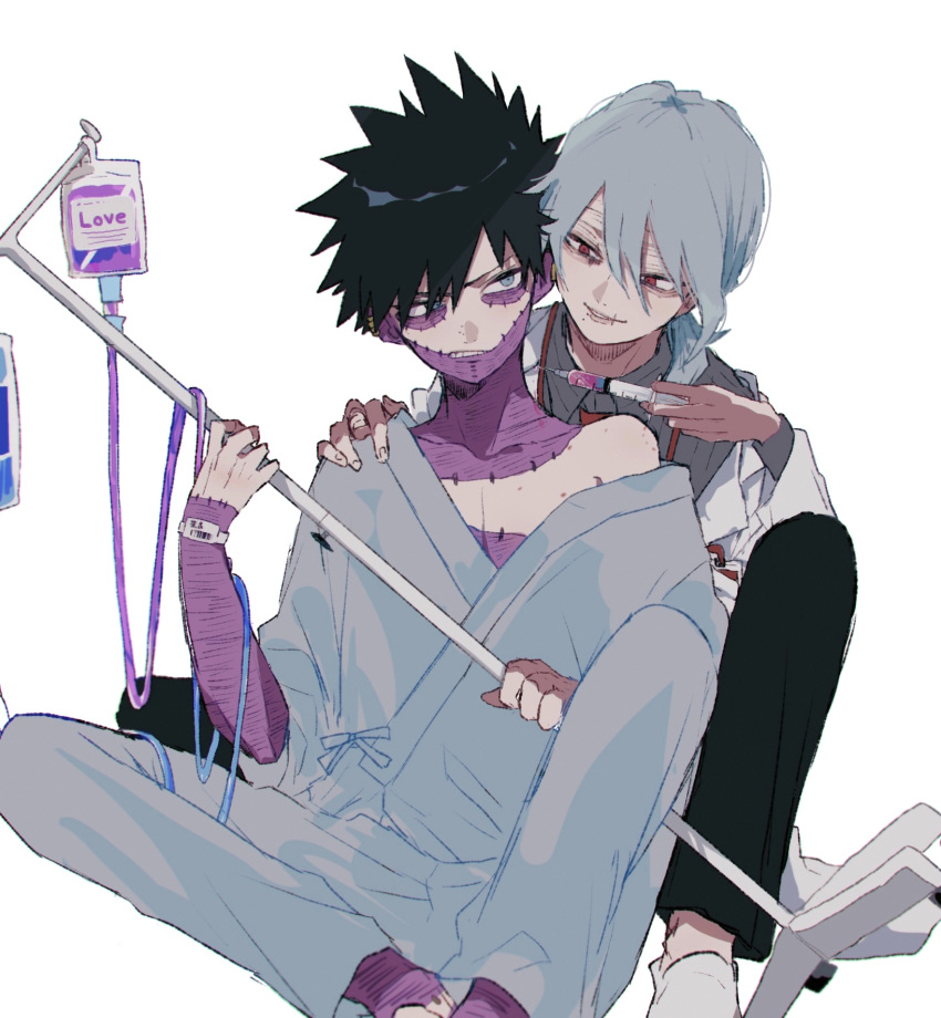 2boys ametaro_(ixxxzu) black_hair blue_eyes boku_no_hero_academia burn_scar cheek_piercing collared_shirt dabi_(boku_no_hero_academia) grey_hair grey_shirt highres holding holding_syringe hospital_gown iv_stand lab_coat male_focus medium_hair multiple_boys multiple_scars necktie ponytail red_eyes red_necktie scar scar_on_face shigaraki_tomura shirt short_hair simple_background spiked_hair staple stapled syringe white_background wrinkled_skin