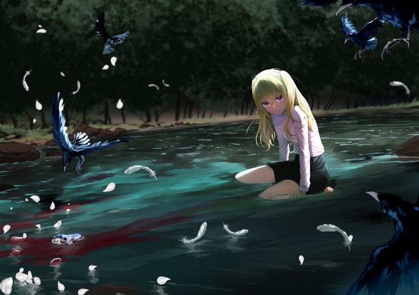1girl absurdres arm_support barefoot bird black_skirt blonde_hair blood blood_in_water blurry blurry_background closed_mouth commentary commission crow crying crying_with_eyes_open english_commentary eudetenis feathers highres hoshino_ai_(oshi_no_ko) hoshino_ruby long_hair long_sleeves looking_at_viewer one_side_up oshi_no_ko outdoors partially_submerged petals pink_eyes river second-party_source shirt sidelocks sitting skirt solo spoilers star-shaped_pupils star_(symbol) symbol-shaped_pupils tears tree variant_set water white_feathers white_shirt
