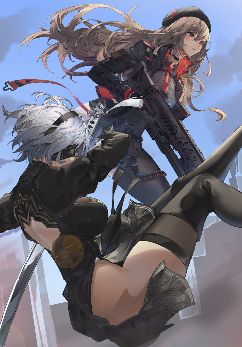 2b_(nier:automata) 2girls absurdres assault_rifle back_cutout beret black_blindfold black_choker black_hairband black_jacket blindfold blue_sky boots breasts brown_hair choker clothing_cutout covered_eyes eru_(eru_illust) feather-trimmed_sleeves goddess_of_victory:_nikke grey_hair gun hairband hat highres holding holding_sword holding_weapon ishikawa_yui jacket juliet_sleeves katana large_breasts long_hair long_sleeves multiple_girls necktie nier:automata nier_(series) orange_eyes puffy_sleeves rapi_(nikke) red_necktie rifle short_hair sky sword thighhighs thighhighs_under_boots thighs weapon