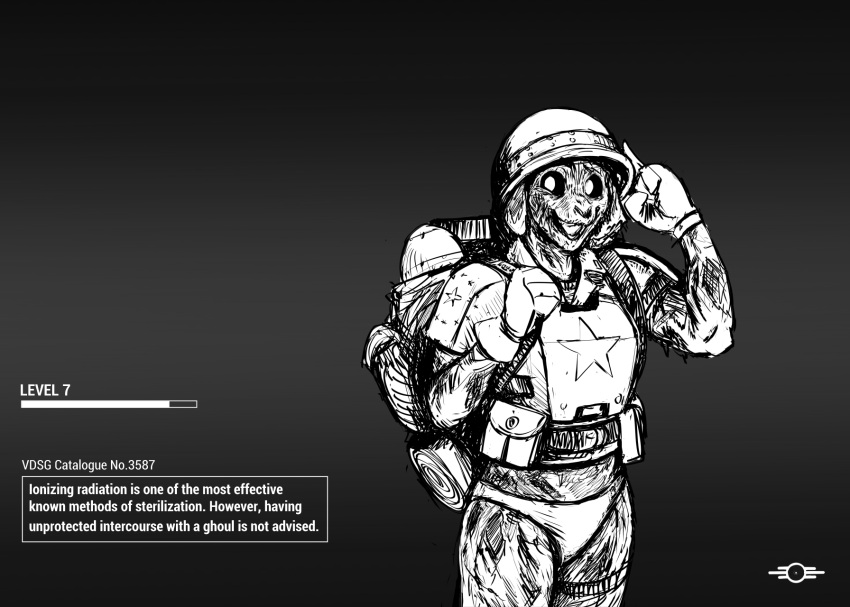 2023 anthro armor backpack bethesda_softworks black_and_white canid canine canis clothing domestic_dog english_text fallout female ghoul_(fallout) headgear helmet hi_res hladilnik loading_bar loading_screen mammal military_helmet military_uniform monochrome radiation radiation_burn samantha_thott smile solo text undead uniform