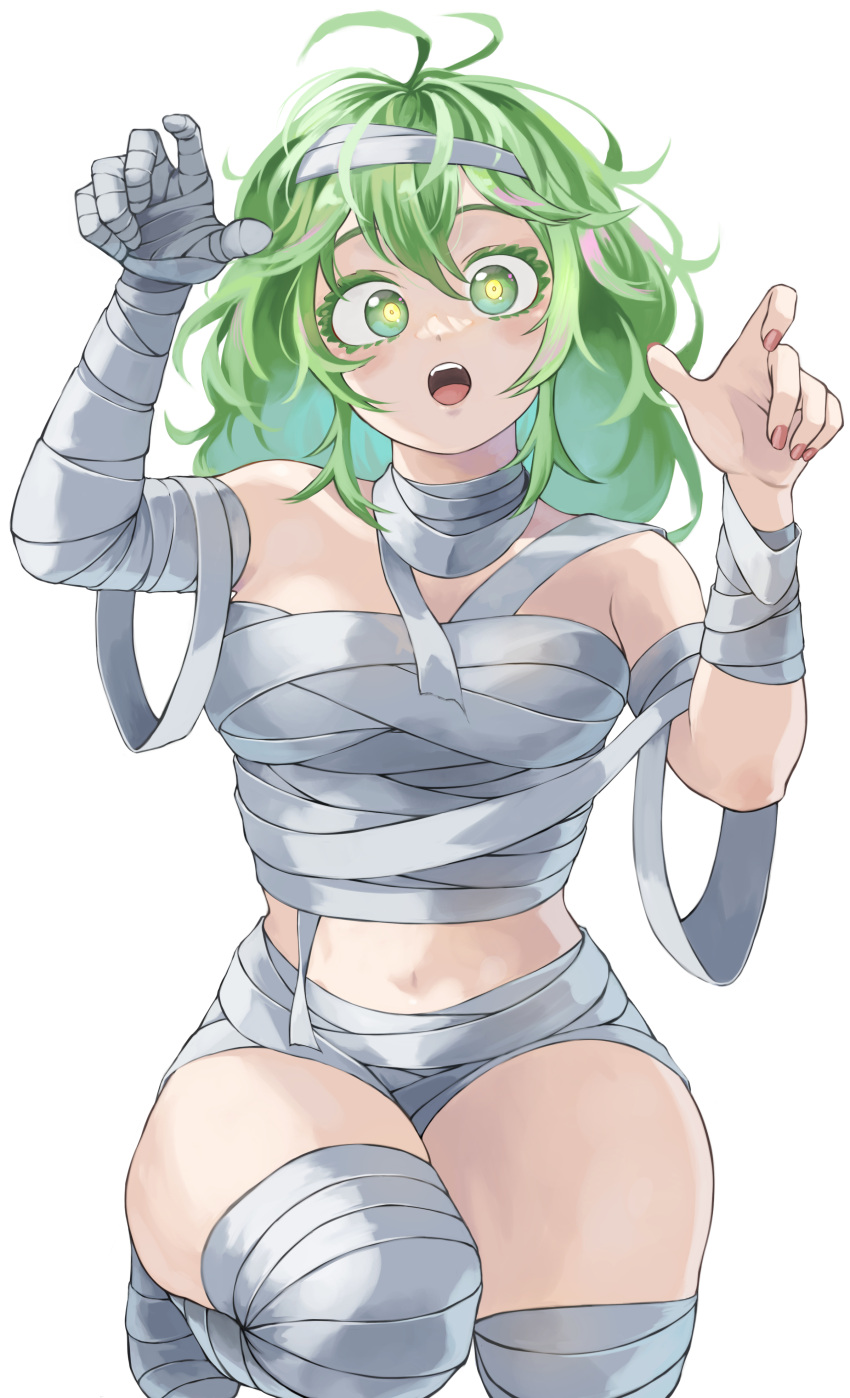 1girl absurdres bandages boku_no_hero_academia claw_pose fengling_(furin-jp) green_eyes green_hair hagakure_tooru halloween_costume hands_up highres long_hair looking_at_viewer messy_hair mummy mummy_costume naked_bandage navel sarashi simple_background solo unusually_visible white_background