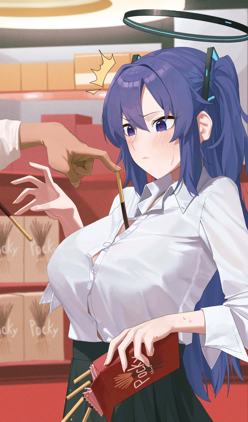 1boy 1girl ^^^ absurdres black_skirt blue_archive blush breasts button_gap commentary food food_between_breasts halo hetero highres large_breasts long_hair looking_at_food mm_(mhm2592) pleated_skirt pocky prank purple_eyes purple_hair sensei_(blue_archive) shirt skirt solo_focus sweatdrop two_side_up very_long_hair white_shirt yuuka_(blue_archive)