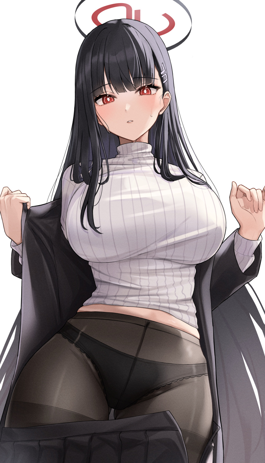 1girl absurdres black_hair black_panties black_pantyhose black_skirt blue_archive breasts clothes_pull cowboy_shot hair_ornament hairpin halo highres honome_sui large_breasts long_hair long_sleeves looking_at_viewer open_mouth panties pantyhose pleated_skirt red_eyes ribbed_sweater rio_(blue_archive) simple_background skirt skirt_pull solo sweater turtleneck turtleneck_sweater underwear white_background white_sweater