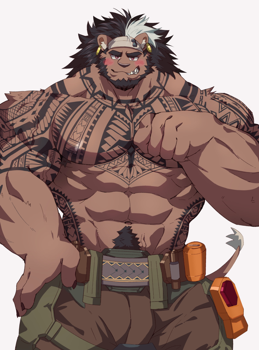 2023 37:50 abs absurd_res anthro arm_tattoo beard belt biceps big_biceps big_deltoids big_muscles big_pecs black_hair blizzard_entertainment body_hair bottomwear brown_body brown_bottomwear brown_clothing brown_fur brown_pants chest_tattoo claws clothed clothing deltoids ear_piercing ear_ring facial_hair felid finger_claws fur grin hair hand_on_hip happy_trail hi_res hip_tattoo inner_ear_fluff lion male mammal mauga_(overwatch) muscular muscular_anthro muscular_male navel nipples obliques overwatch pantherine pants pecs piercing pubes ring_piercing shoulder_tattoo smile solo tail tail_tuft tamainu tattoo topless tuft utility_belt vein veiny_muscles white_hair