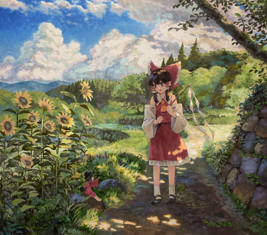 2girls ascot bare_shoulders black_eyes black_footwear black_hair black_headwear bow bowl bowl_hat cloud day detached_sleeves dirt_road flower gohei grass hair_between_eyes hair_bow hair_tubes hakurei_reimu hat holding holding_gohei japanese_clothes kimono long_hair multiple_girls nontraditional_miko open_mouth orange_ascot outdoors pink_kimono purple_hair red_bow red_skirt ribbon-trimmed_sleeves ribbon_trim road shiratama_(hockey) shoes short_hair sidelocks skirt socks standing sukuna_shinmyoumaru sunflower touhou white_sleeves white_socks wide_sleeves yellow_flower