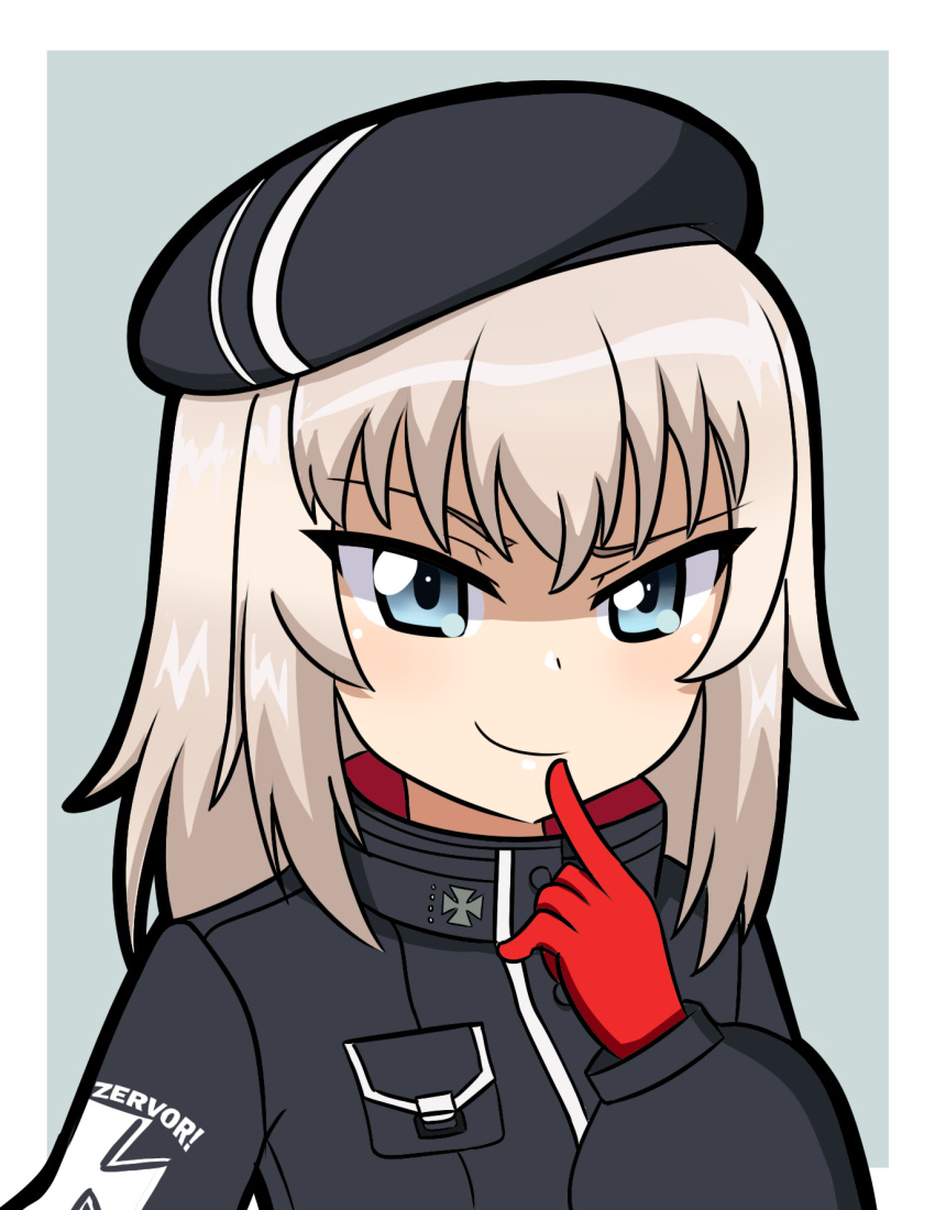 1girl alternate_costume beret black_headwear black_jacket blue_eyes closed_mouth commentary cross ef_natto finger_to_mouth girls_und_panzer gloves grey_background grey_hair hat highres iron_cross itsumi_erika jacket long_sleeves looking_at_viewer medium_hair red_gloves smile solo upper_body
