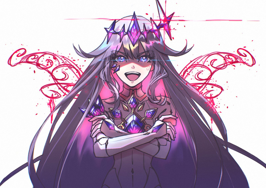 1girl chest_jewel circlet colored_inner_hair commentary crossed_arms dress english_commentary face_jewel gem gem_hair_ornament grey_hair highres hololive hololive_english jewel_under_eye koseki_bijou long_hair looking_at_viewer metal_wings multicolored_hair open_mouth pink_hair purple_eyes purple_gemstone purple_hair roguesleipnir simple_background smile solo virtual_youtuber white_background white_bridal_gauntlets white_dress