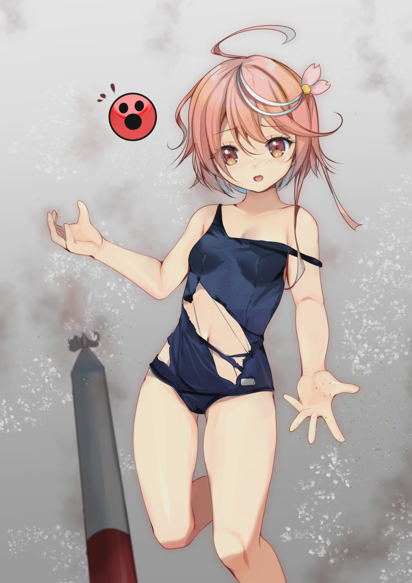 1girl ahoge blush grey_background hair_ornament highres i-58_(kancolle) kantai_collection one-piece_swimsuit open_mouth pink_hair sailor_collar school_swimsuit school_uniform serafuku short_hair smile solo swimsuit swimsuit_under_clothes torn_clothes torn_swimsuit torpedo yashin_(yasinz)